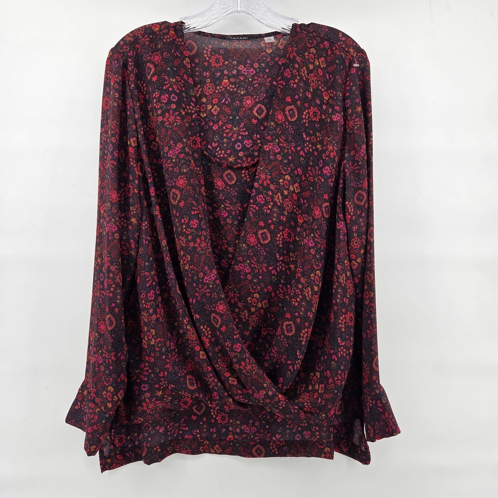Tahari Blouse Large Burgundy Floral Draped Surplice V-Neck Long Sleeve